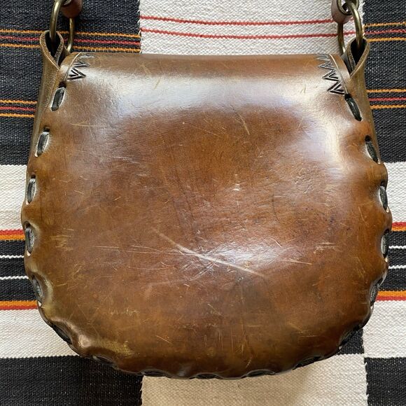 Vintage 70’s Stamped Tooled Leather Shoulder Bag Purse. Eye Of Horus. Bohemian. - Picture 10 of 16